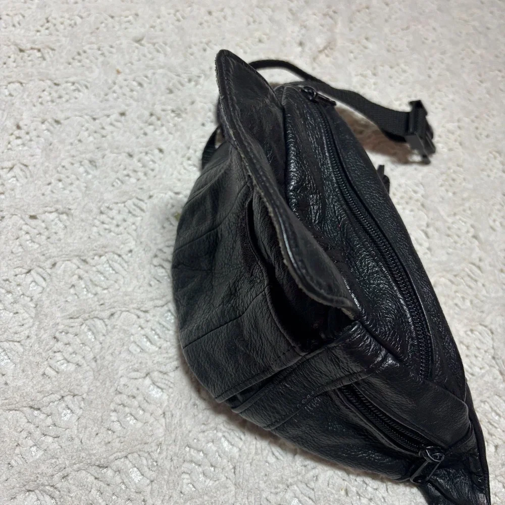 Genuine Leather‎ Fanny Pack Black Solid Multiple Pockets Waist Bag VTG